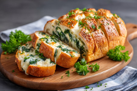 Spinach and cheese pull-apart bread on a cutting board, ready for servingの素材