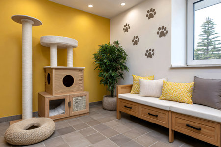 Modern pet-friendly room with cat tree, cat condo, and paw print wall designsの素材