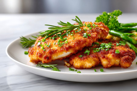 Breaded chicken schnitzel served on a white plate with green asparagus and herbsの素材