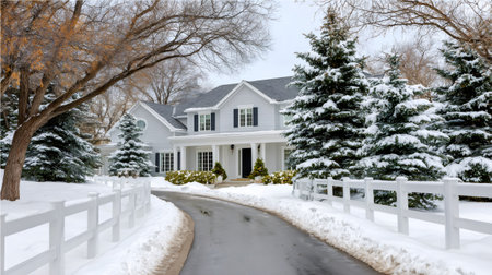 Suburban home exterior during winter with snow covering trees and fenceの素材