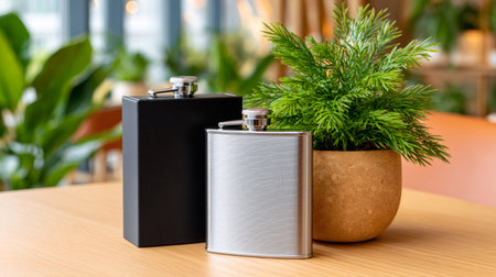 Stainless steel and black hip flasks standing on a wooden table next to a green plantの素材