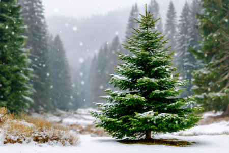 Pine tree covered with snow on a cold winter day in a forest while snowingの素材