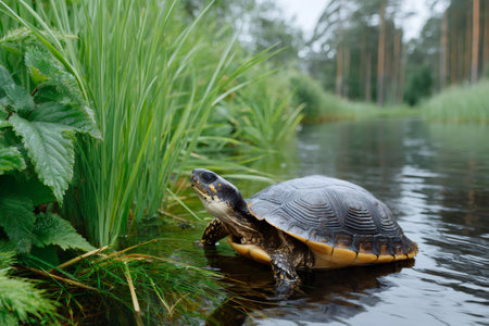Turtle slowly entering cool water in its natural habitat by green riparian grassの素材
