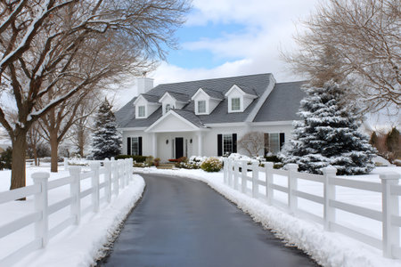 Elegant suburban house with a paved driveway and white fence in a snowy winter landscapeの素材