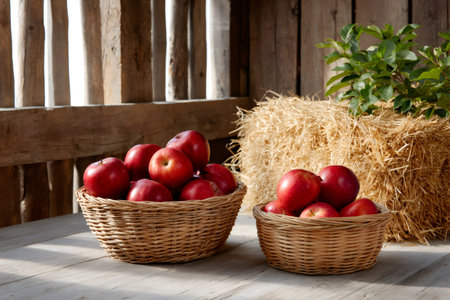 Freshly picked red apples filling woven baskets on an old wooden surface by a hay baleの素材