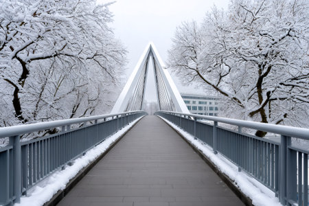 Pedestrian bridge stretching forward, surrounded by winter trees and fresh snowの素材