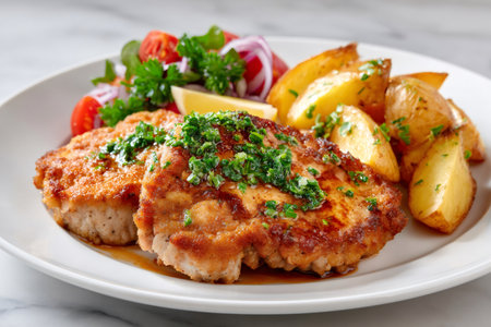 Breaded pork cutlets with parsley sauce alongside potato wedges and fresh vegetable saladの素材
