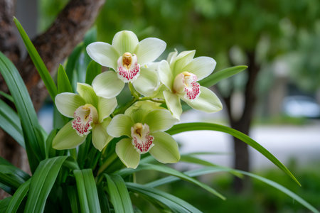 Cymbidium orchids with white and red speckled lips blooming among dark green leavesの素材