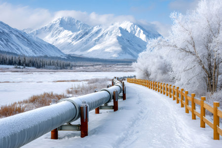 Trans-Alaska Pipeline System running through a snow-covered landscape with mountains and treesの素材