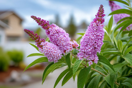 Butterfly bush plant showing vibrant purple flowers with green leaves in a garden backgroundの素材
