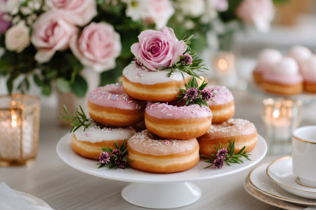 Donuts decorating a cake stand with pink icing, sprinkles, and flowers for an event dessertの素材