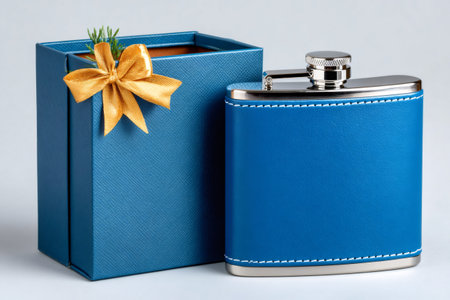 Blue leather flask with a gift box and gold ribbonの素材