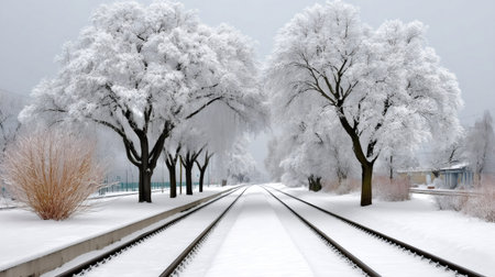 Winter landscape showing empty train rails covered in snow looking into the distanceの素材