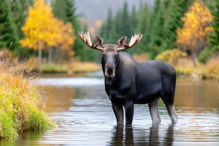 Bull moose standing in water with large antlers during autumn, looking at the cameraの素材