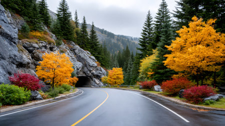 Winding road traversing a mountain landscape with vivid autumn foliage and a tunnel entranceの素材