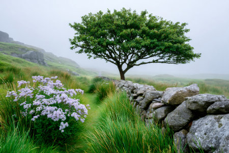 Rural landscape presenting a solitary tree, wildflowers, stone wall, and path fading into the fogの素材