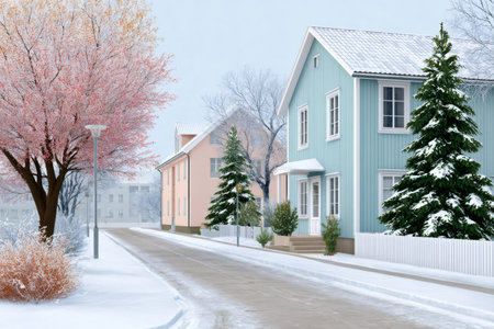 Winter street with pastel colored houses, snow covering neighborhood and treesの素材
