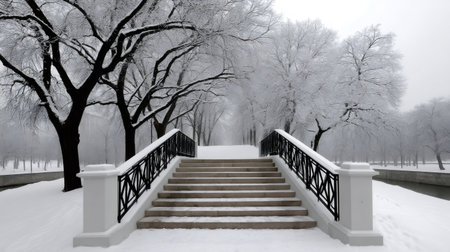 Winter landscape featuring a snowy park path leading up stairs through frosted treesの素材