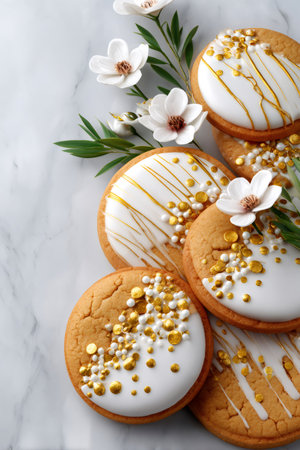 Round cookies featuring elegant white icing, golden sprinkles, and delicate white flowers on marbleの素材