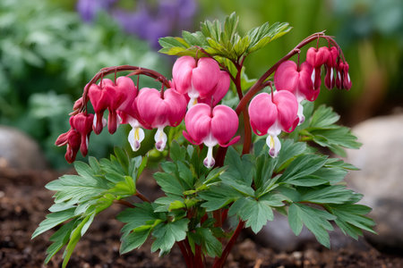 Bleeding heart plant with green leaves and pink heart-shaped flowers blooming in springtimeの素材