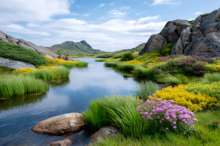 Mountain stream flowing through a picturesque landscape filled with wildflowers, grass and rocksの素材