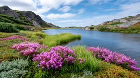 Tundra landscape showing a tranquil lake surrounded by blooming purple wildflowers and green mountainsの素材