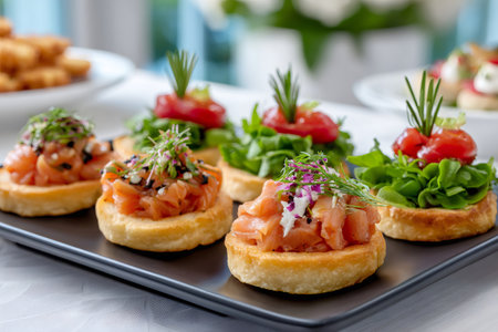Appetizers with salmon tartare, salad, and cherry tomatoes on a black trayの素材