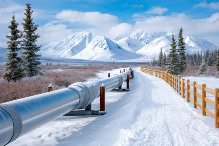 Trans-Alaska Pipeline System extending through a snow-covered winter landscape with mountains and evergreen treesの素材