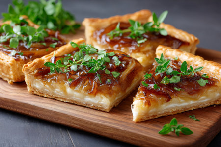 Savory onion and goat cheese tartlets on puff pastry garnished with fresh thymeの素材