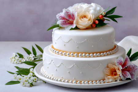 White tiered wedding cake adorned with floral decorations and pearl accents, celebrating special eventsの素材