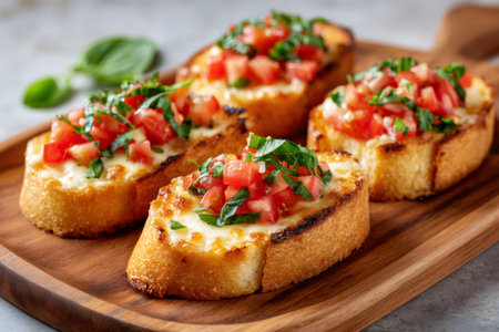 Delicious Italian bruschetta appetizer with fresh diced tomatoes, basil topping, and melted cheese on toastの素材