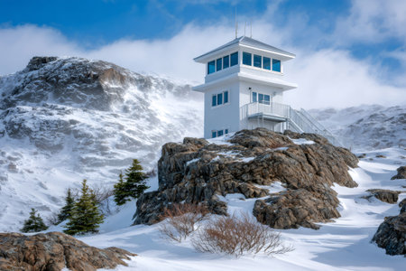 White lookout tower standing on a rocky, snow-covered mountain with blowing snowの素材
