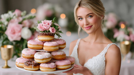 Young woman in wedding dress holding a donut cake decorated with pink flowers during celebrationの素材