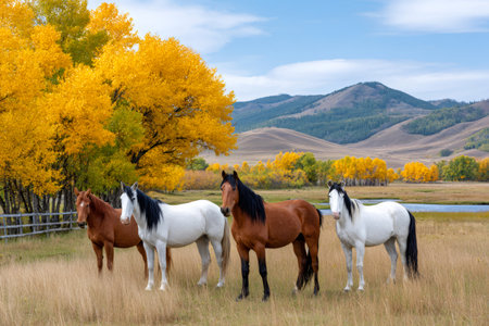Wild horses standing in a grassy field with vibrant yellow autumn foliage and mountainsの素材