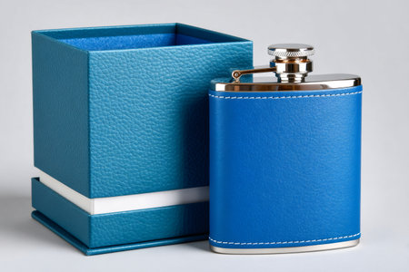 Stainless steel hip flask wrapped in blue leather with a matching gift boxの素材