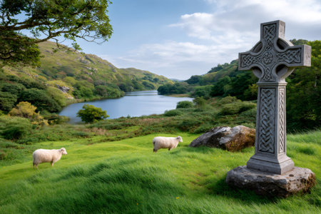 Celtic cross, sheep, and tranquil lake in a scenic Irish valleyの素材