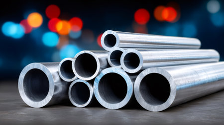 Stacked metal pipes and tubes showing industrial material processing and technologyの素材