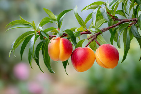 Ripe organic apricots hanging from a tree branch with green leavesの素材