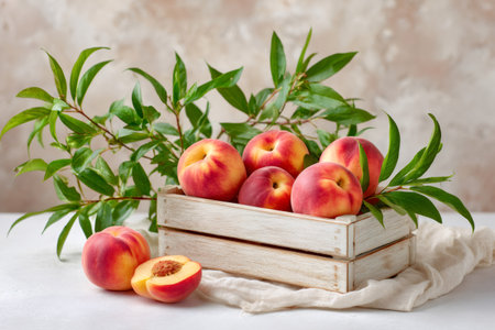 Fresh ripe peaches and green leaves are arranged in a rustic wooden crate on a light surfaceの素材