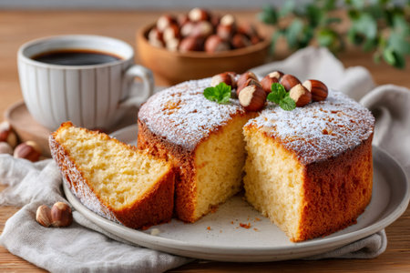 Round hazelnut cake with a cut slice, hazelnuts, mint, and powdered sugar, served with black coffeeの素材