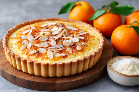 Sweet pastry tart creating dessert food with almonds and tangerines on a wooden boardの素材
