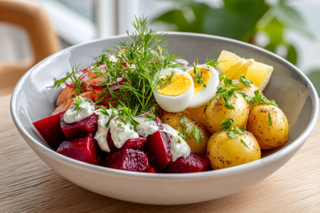 Healthy salmon salad with fresh vegetables, boiled egg, and lemon slicesの素材
