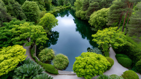 Green foliage and winding paths embracing a tranquil lake, reflecting nature's beauty and calmの素材