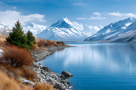 Lake Pukaki reflecting snowcapped Aoraki, Mount Cook and surrounding Southern Alps mountainsの素材
