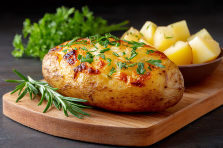 Baked potato garnished with fresh herbs and served on a rustic wooden cutting boardの素材