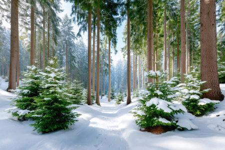 Snow-covered path winding through a winter pine forest with sunlight filtering through treesの素材