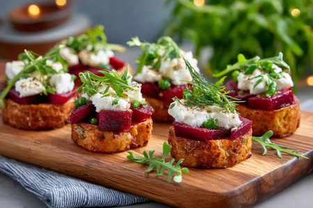 Delicious beet, goat cheese, and arugula bruschettas prepared as appetizers on a wooden serving boardの素材