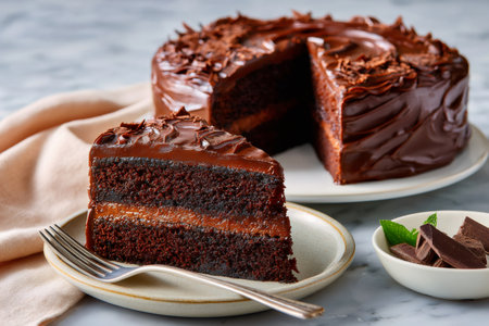 Rich chocolate cake slice and whole cake on marble surface, with fork and chocolate piecesの素材