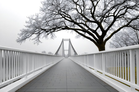 Suspension bridge path leading to a frost-covered winter tree under a muted skyの素材