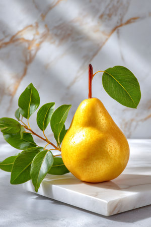Golden pear with stem and leaves resting on a white marble slabの素材